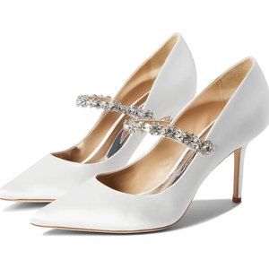 Badgley Mischka Women's Theory Satin Jeweled Pumps In White Satin Size 6.5 EUC